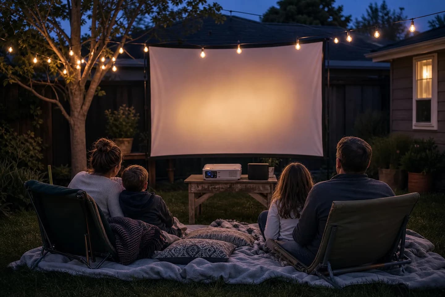 A family watching a movie together in a warmly lit backyard